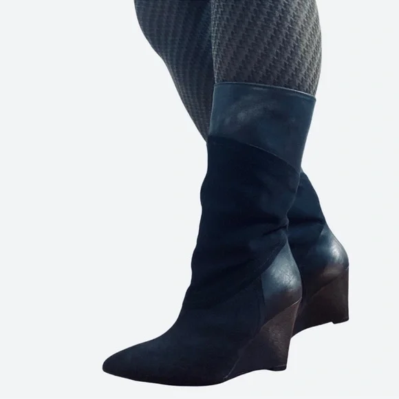 Black Suede Wedge Boots New Leather Black Pointed Toe Retro Style Size 9 - Picture 4 of 12